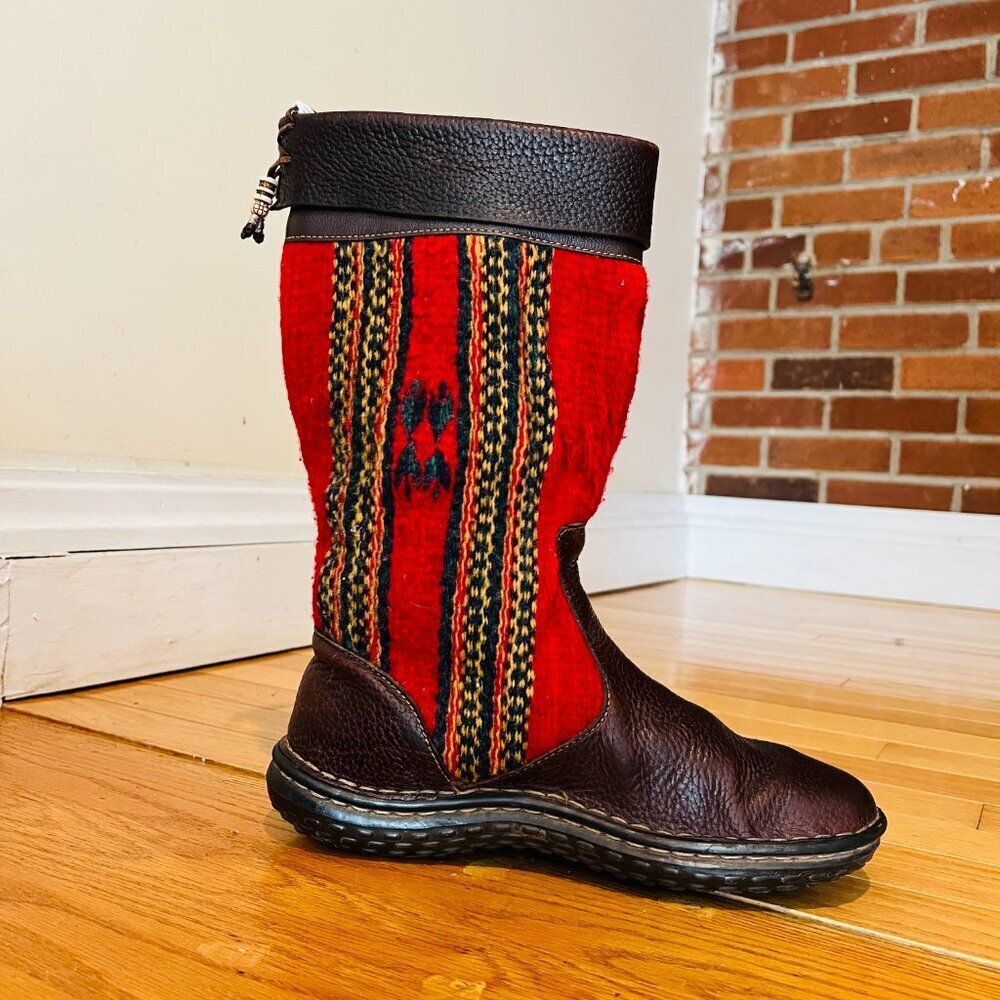 Born Tizoc Indian Blanket Wool Brown Leather Size 9.5 Mid Calf Fashion Boots - Picture 2 of 16